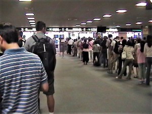 long lines going through customs at the airport in Japan in 2006