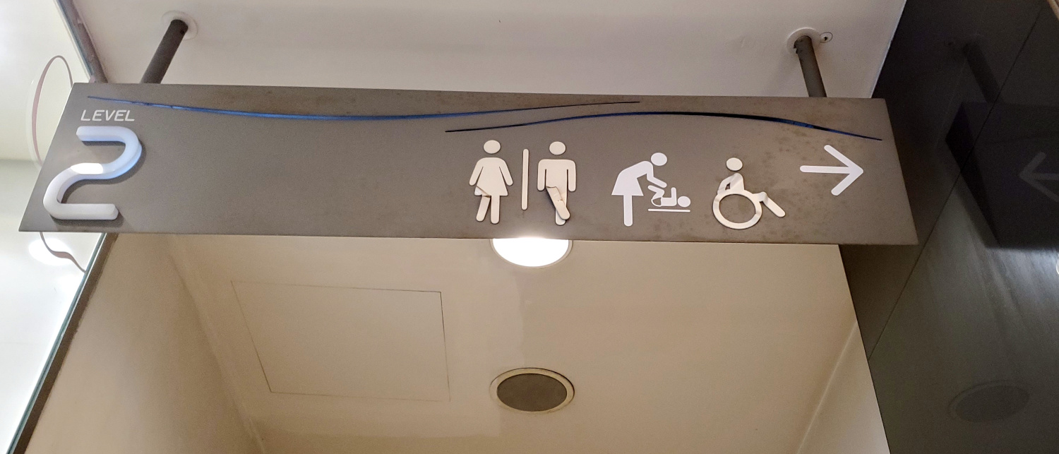 humorous bathroom icons crossing their legs at a mall in Bangkok