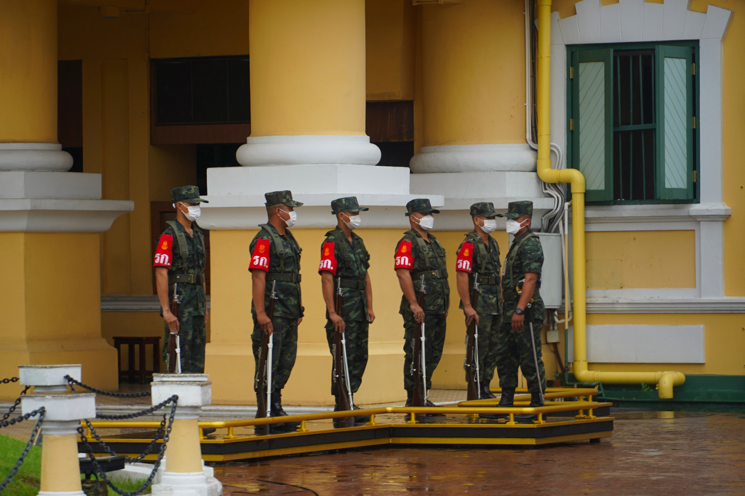 military guards standing at attention Ministry of Defense, Bangkok, Thailand