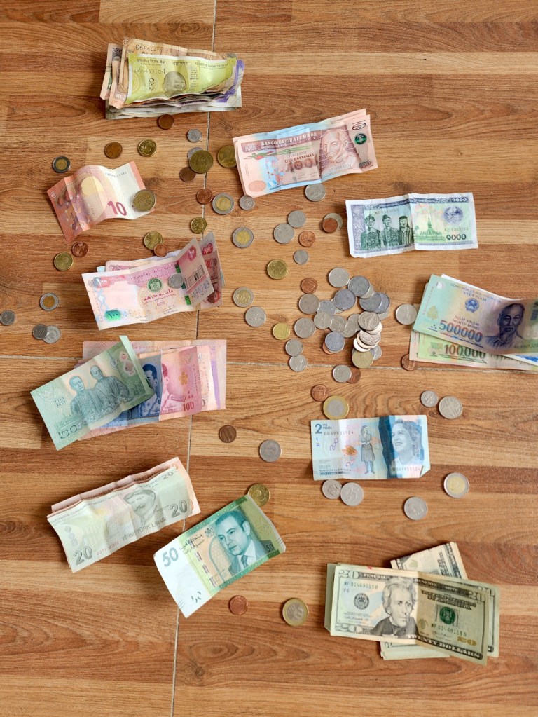 money collected from travels around the world