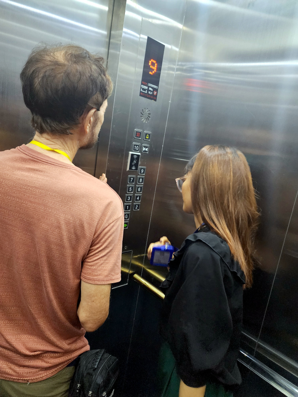 stuck in an elevator in our 11 story Phnom Penh school