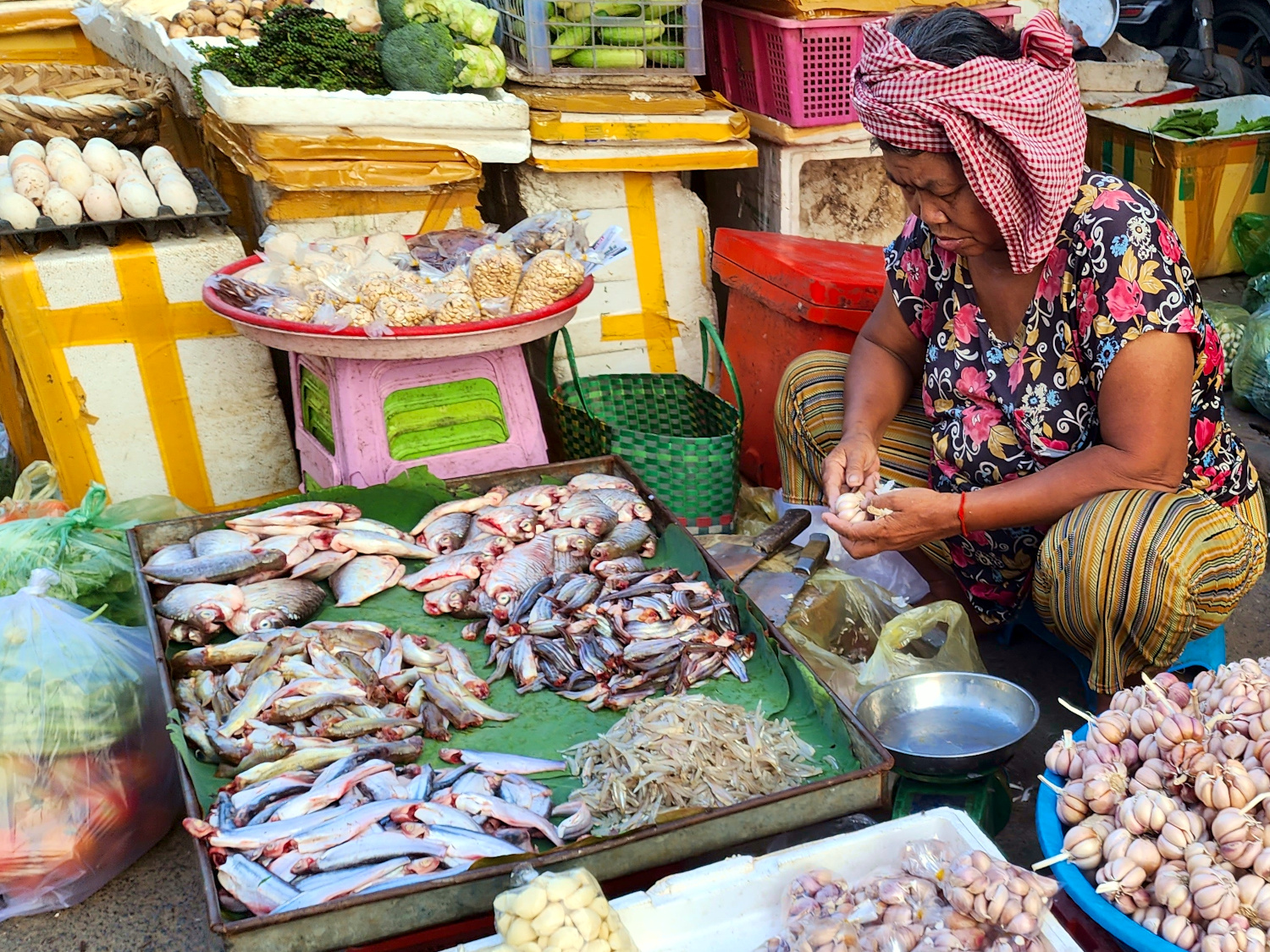 lady selling garlic and seafood - Toul Tompoung